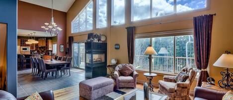 TV, fireplace, DVD player, stereo