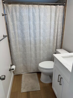 Combined shower/bathtub, hair dryer, towels, soap