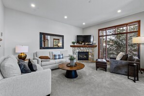 Télévision, cheminée, lecteur de DVD, baby-foot