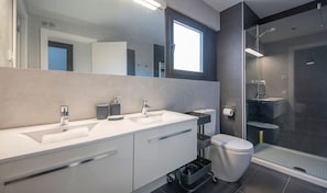 Shower, hair dryer, towels