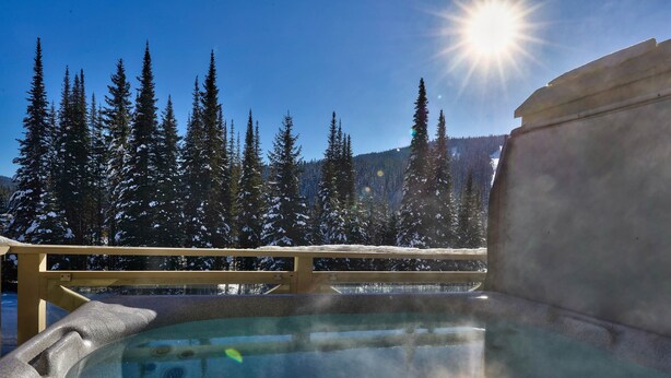 Ein Whirlpool mit Holzterrasse und Blick auf schneebedeckte Bäume und Berge.