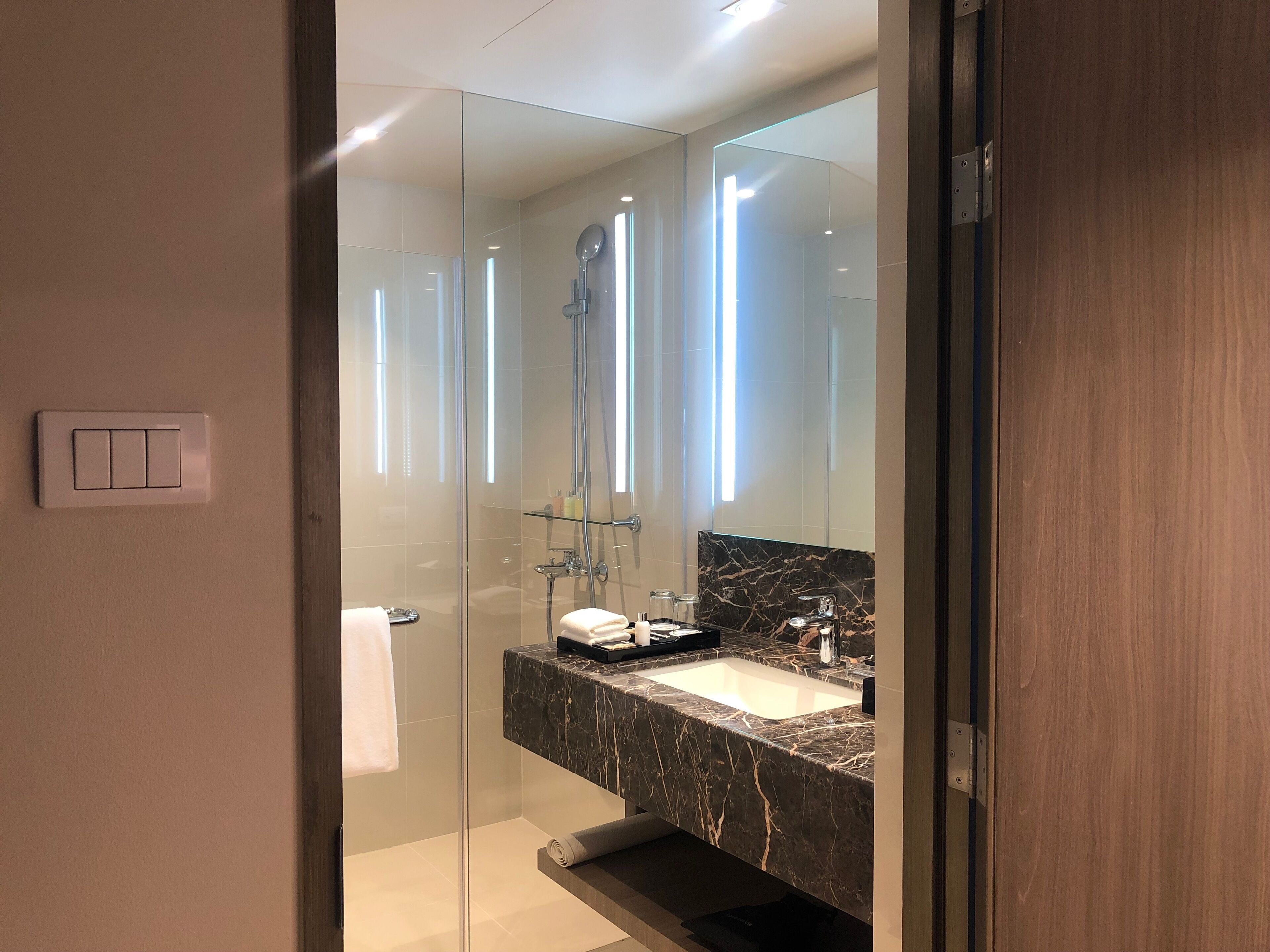 Een moderne badkamer met een douchecabine van glas, een marmeren wastafel en een grote spiegel.