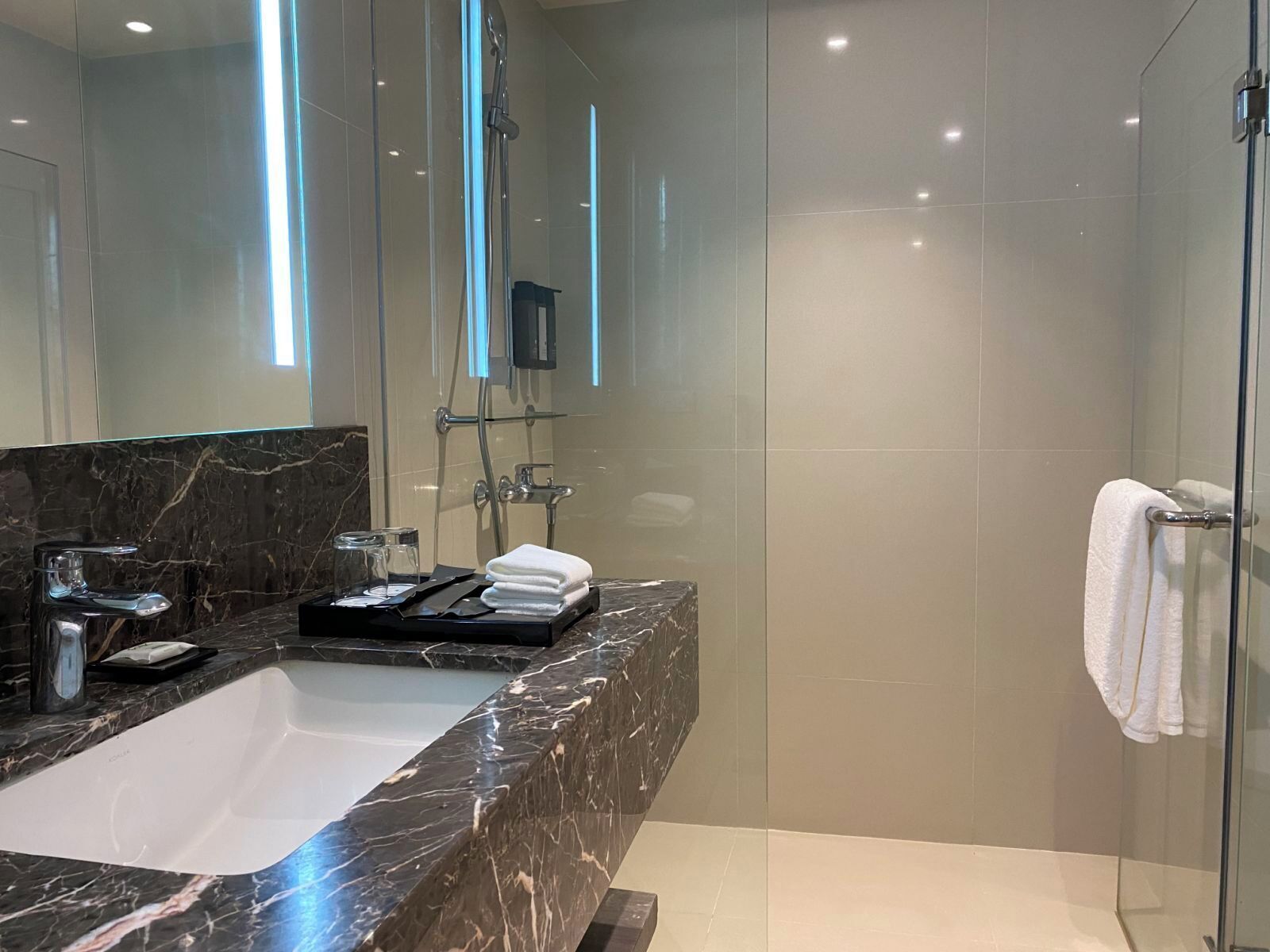 Regadera, amenidades de baño gratuitas, batas, pantuflas 