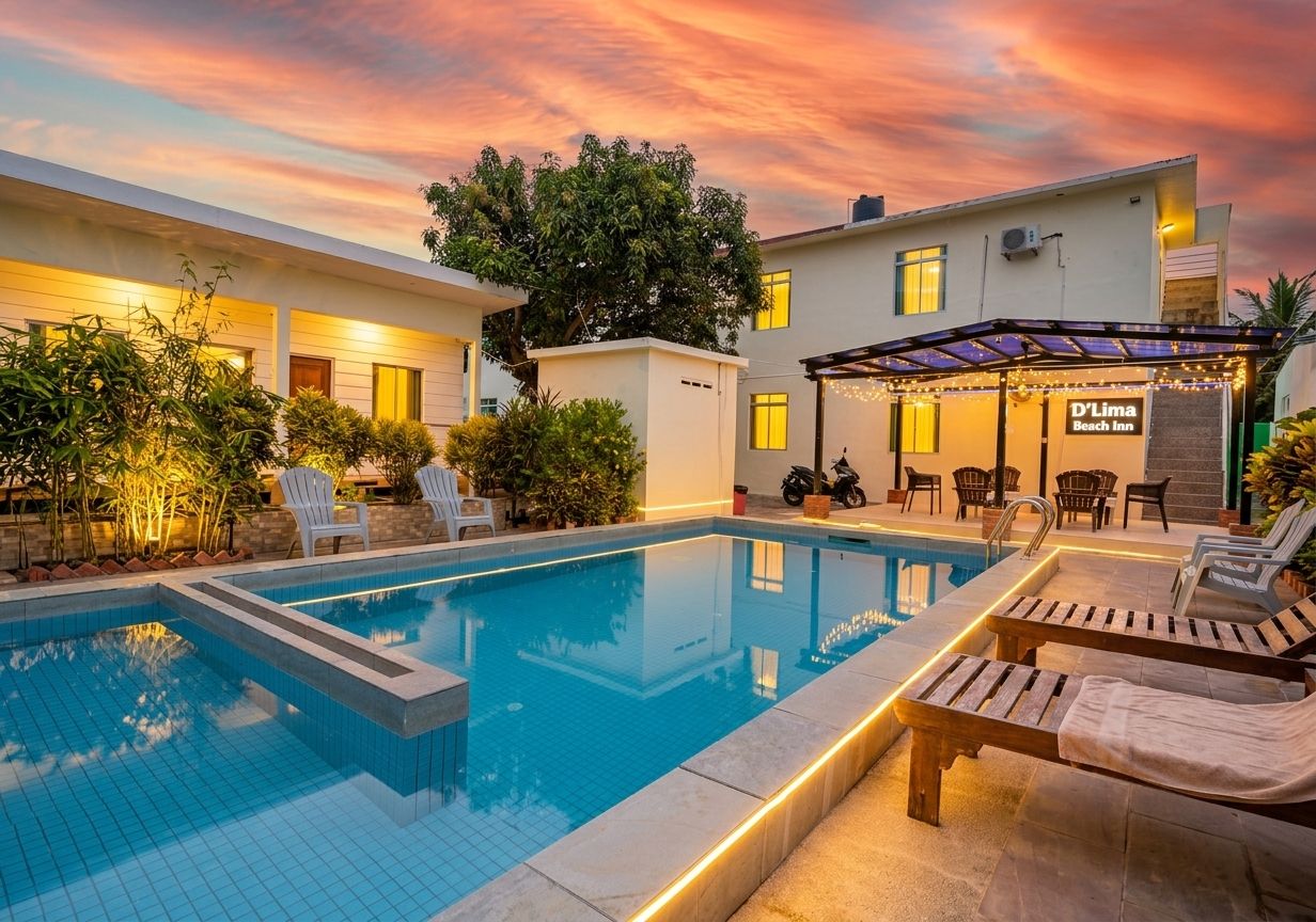 Une piscine avec des chaises longues, un espace de détente couvert et un bâtiment sur lequel est apposée une enseigne indiquant « D'Lima Beach Inn ».