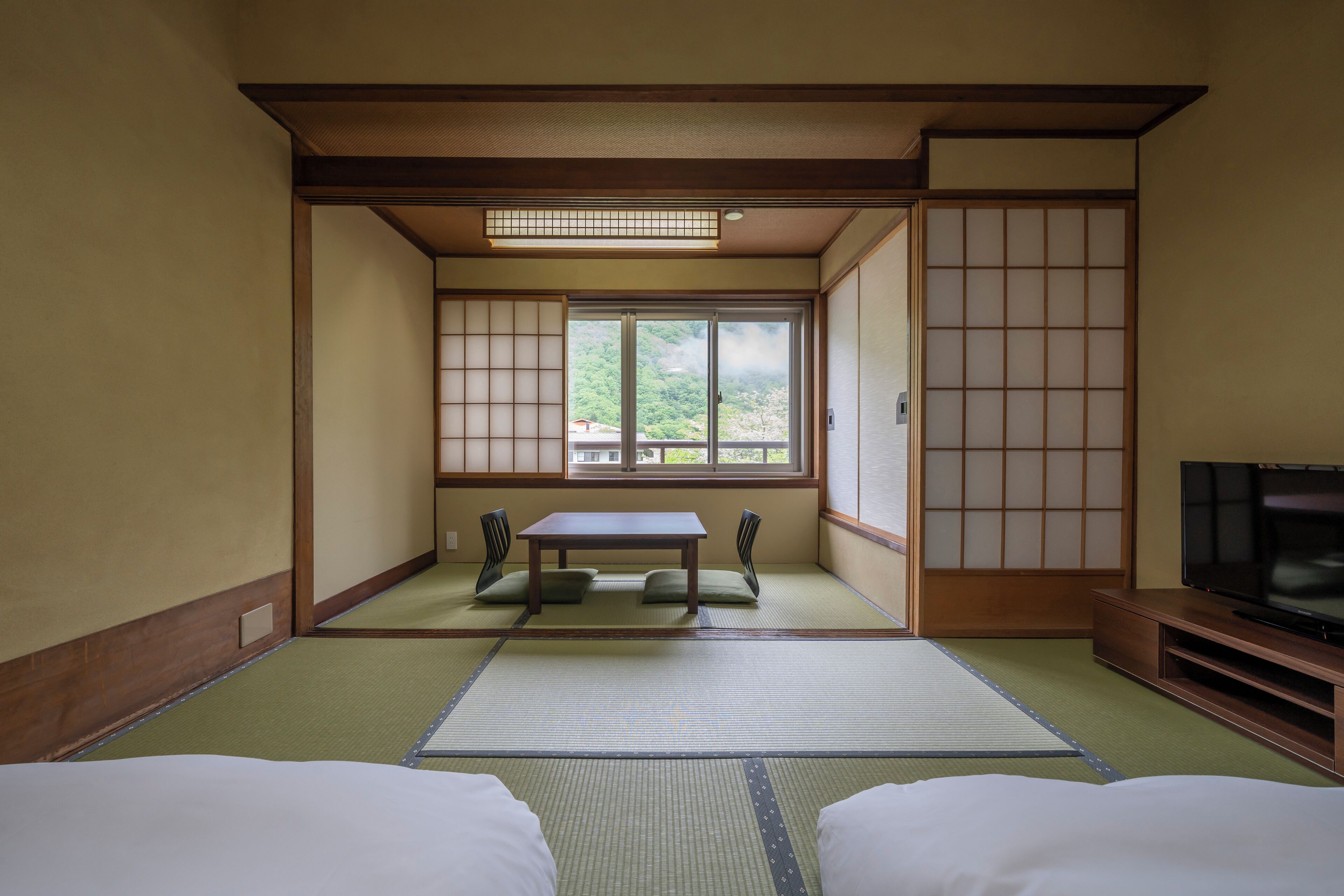 A traditional Japanese room with tatami flooring, a low table with cushions, sliding doors, and a television.