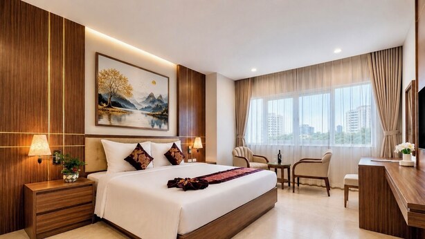 A hotel room with a large bed, bedside tables, a desk, a chair, a TV, and a window with curtains.