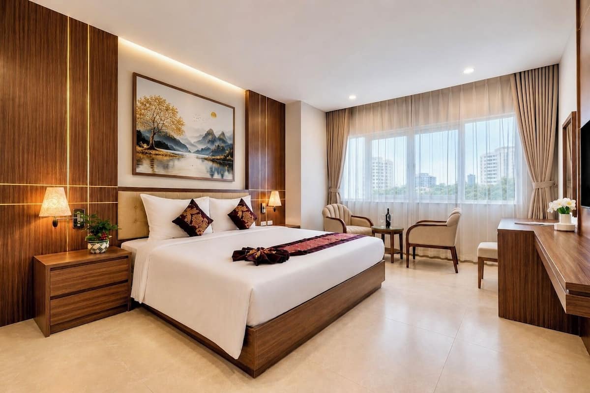 Une chambre d’hôtel avec un grand lit, des tables de chevet, un bureau, une chaise, une télévision et une fenêtre avec des rideaux.