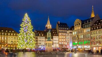 Une place historique, ornée d’un grand sapin de Noël et d’une statue, et entourée d’édifices représentatifs de l’architecture européenne traditionnelle.