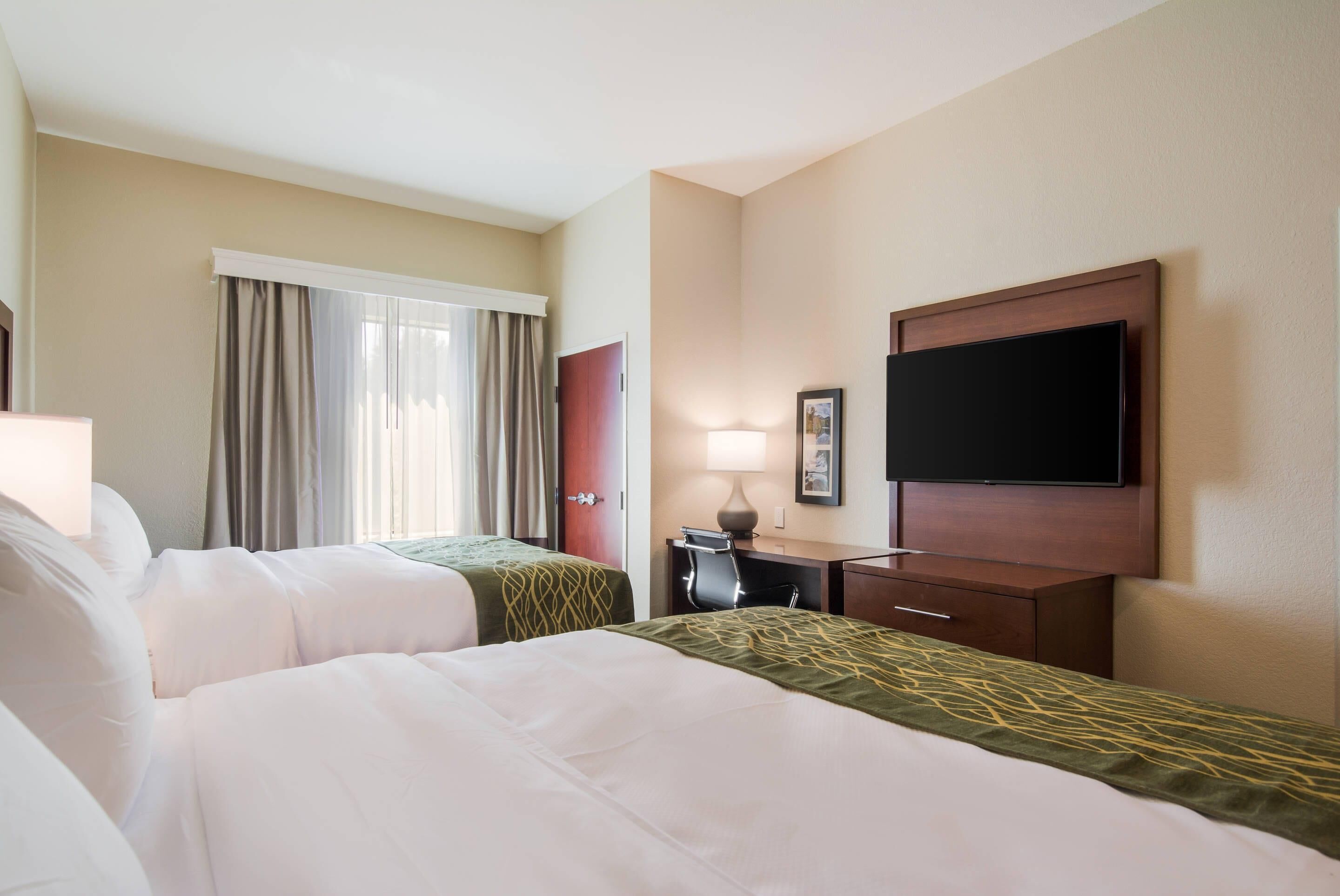 A hotel room with two beds, a TV, a desk, and a lamp.