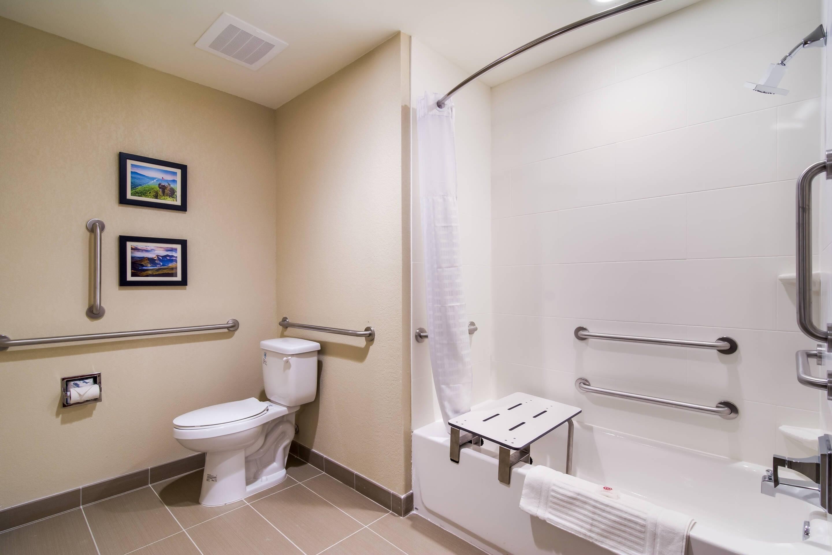 Un baño con inodoro, ducha y barras de apoyo.