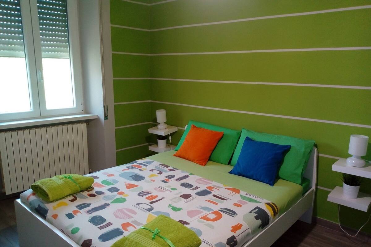 Une pièce avec un lit, des murs verts, une fenêtre et un radiateur.
