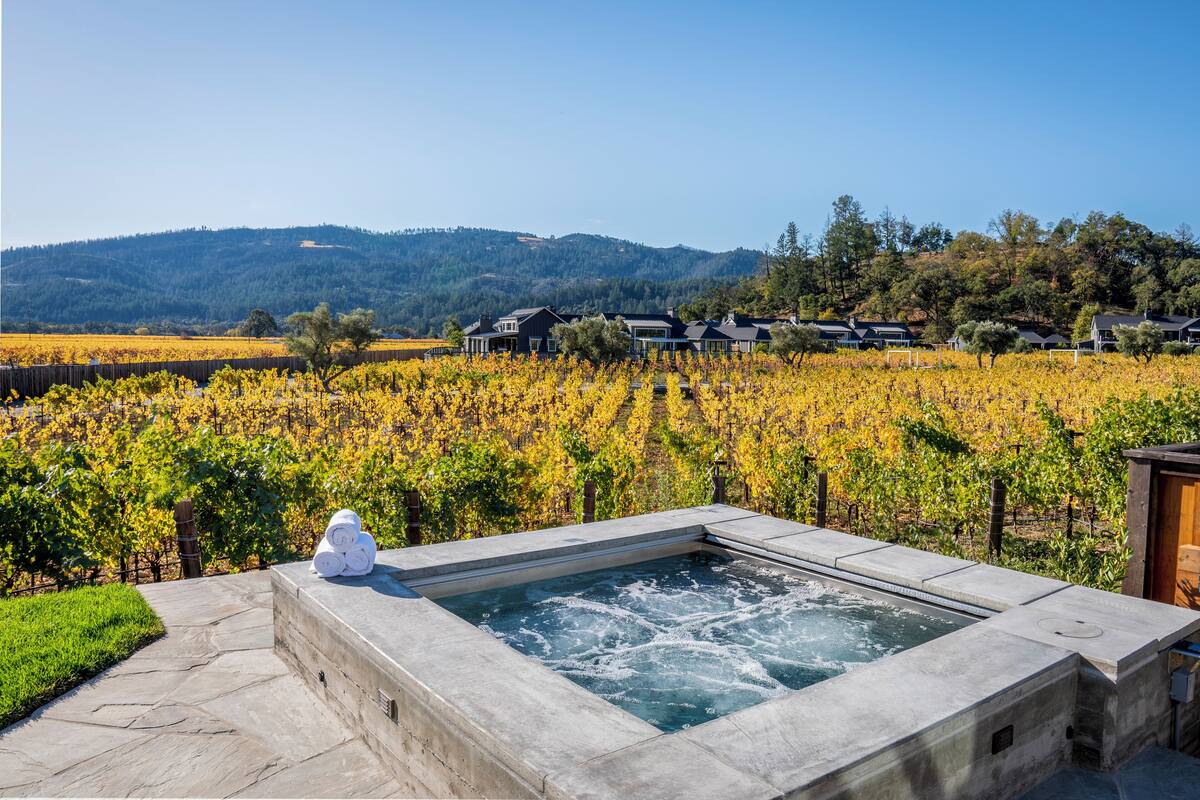 Ein Whirlpool mit Blick auf ein Weinberg, umgeben von einer Steinterrasse und einem Holzzaun.