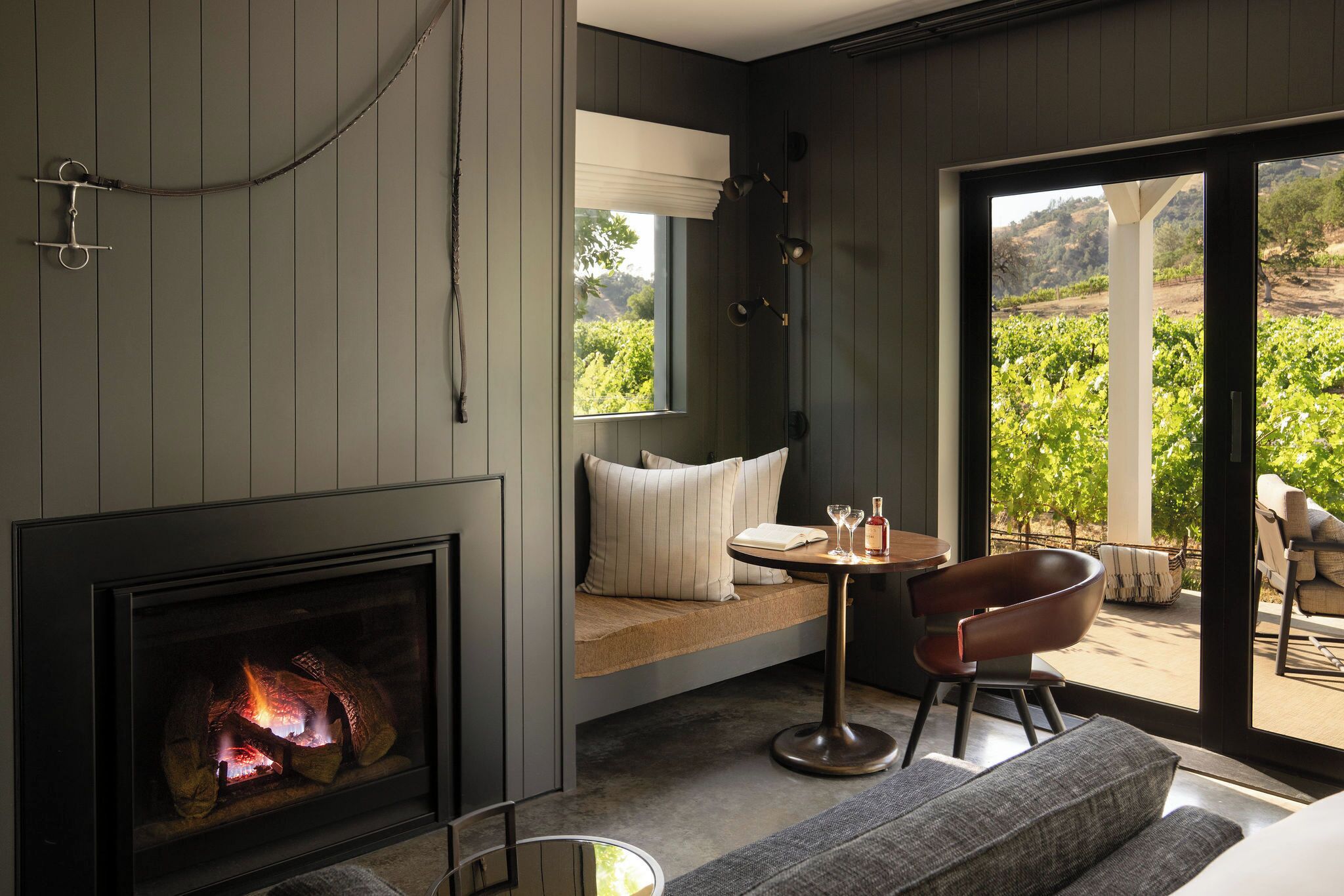 Una habitación moderna con chimenea, comedor y vistas a un viñedo.