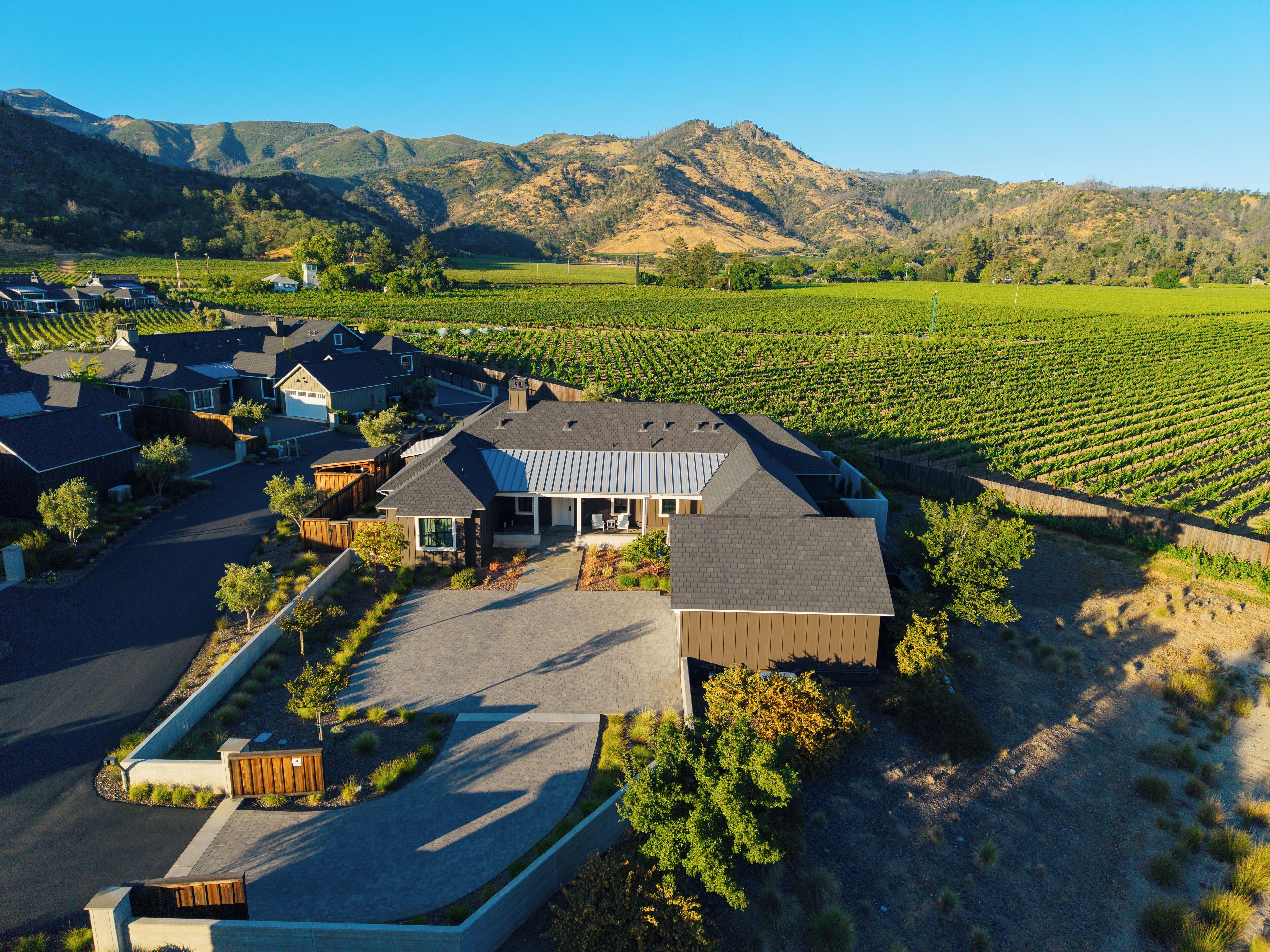 A residential area with modern houses, a large building with a sloped roof, and vineyards in the background.