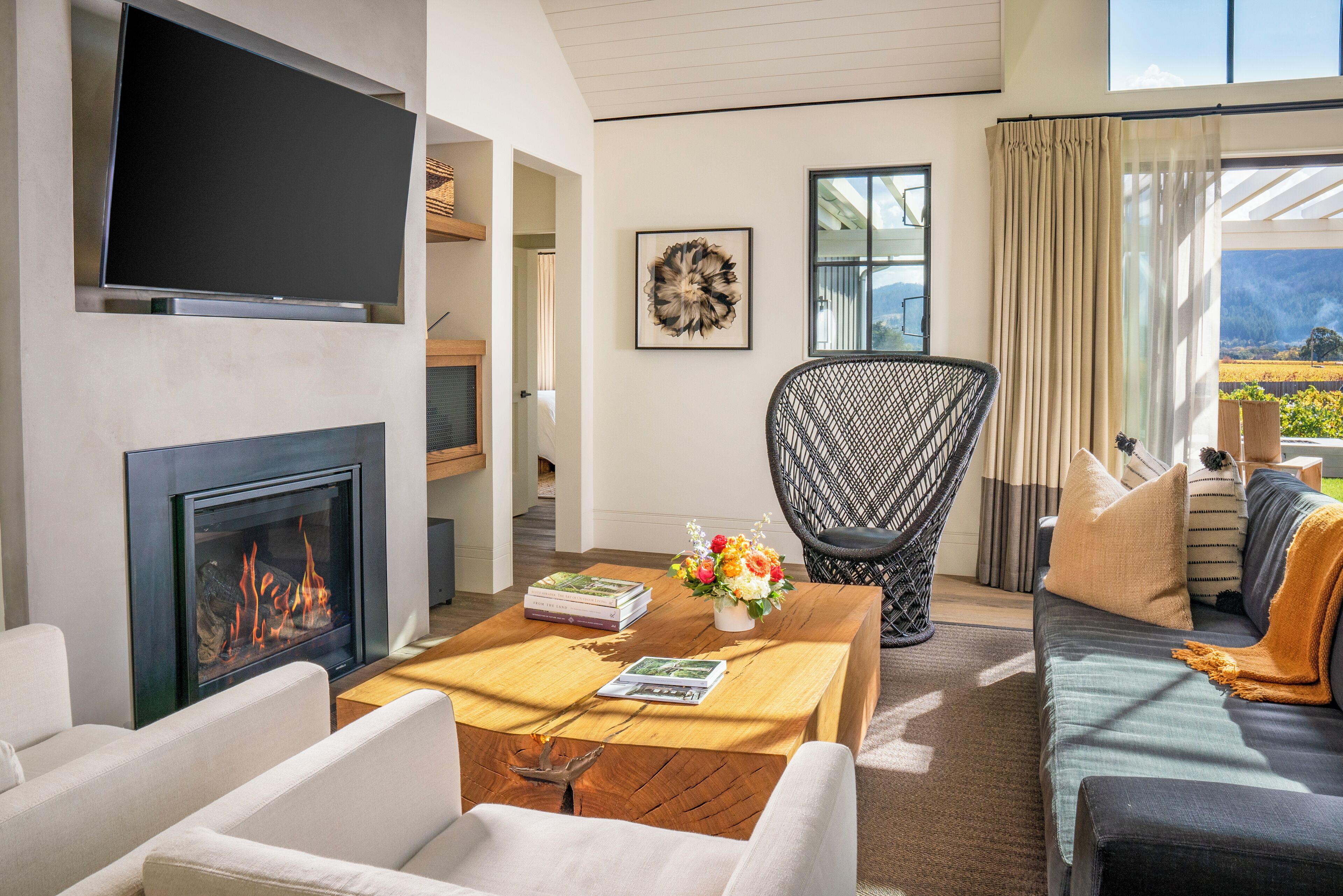 premier villa, 3 bedrooms, hot tub (vineyard and mountain) | living area | 55-inch smart tv with satellite channels, tv, fireplace