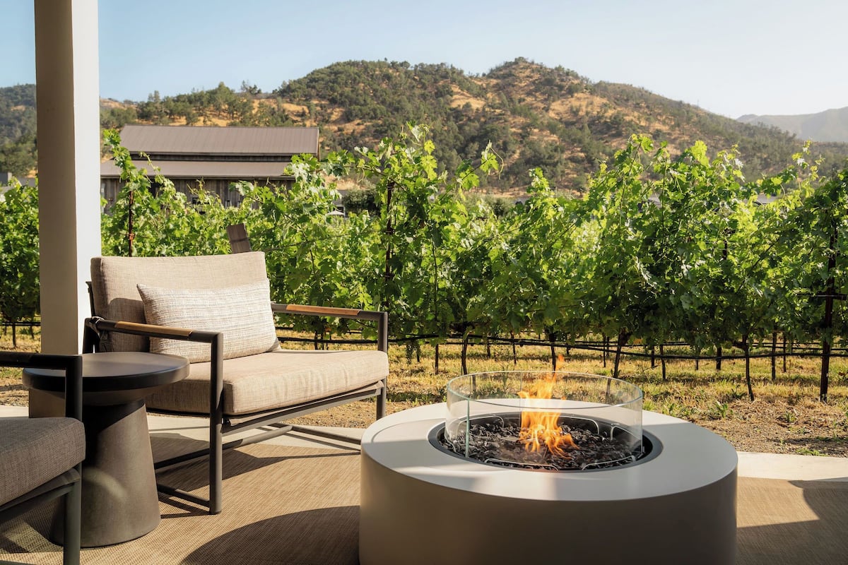Eine Terrasse mit Feuerstelle, Gartenmöbeln und Blick auf einen Weinberg.