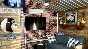 Smart TV, fireplace, DVD player, books