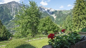 Paisaje montañoso con una valla de madera, vegetación y flores rojas.