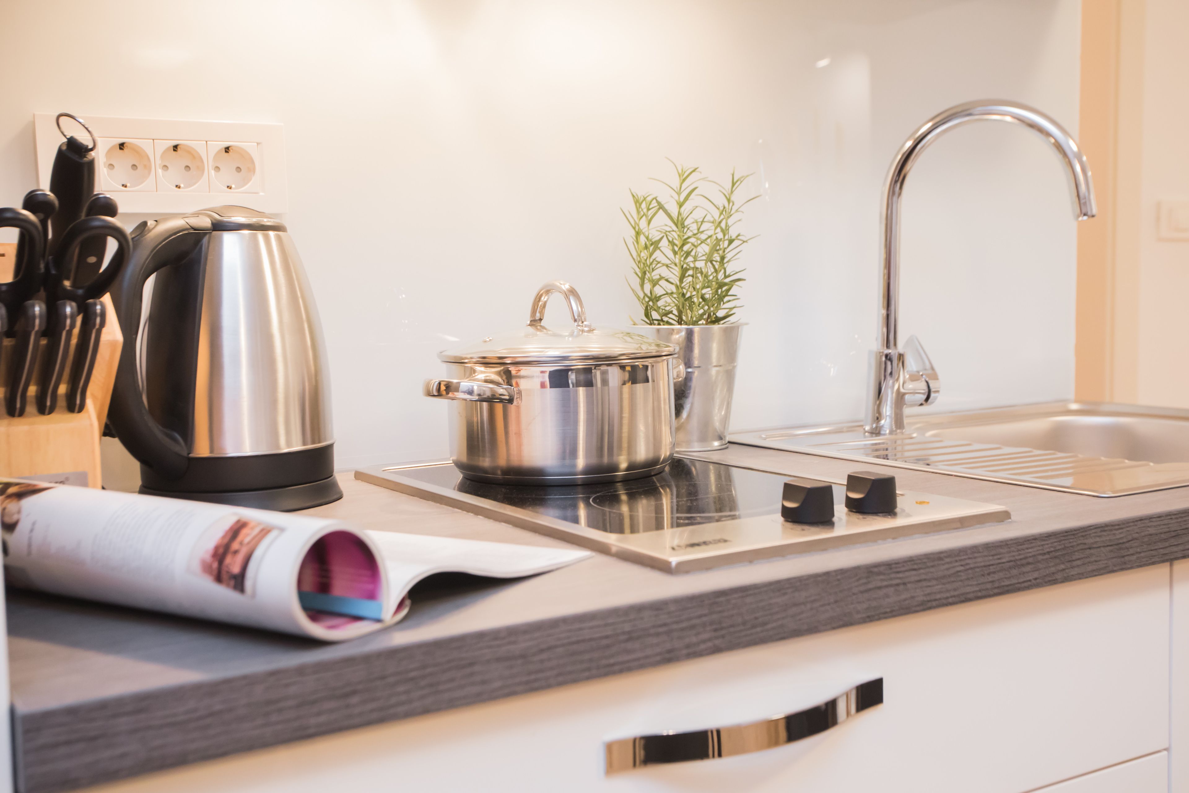 A modern kitchen with a kettle, pots, a sink, and a potted plant.