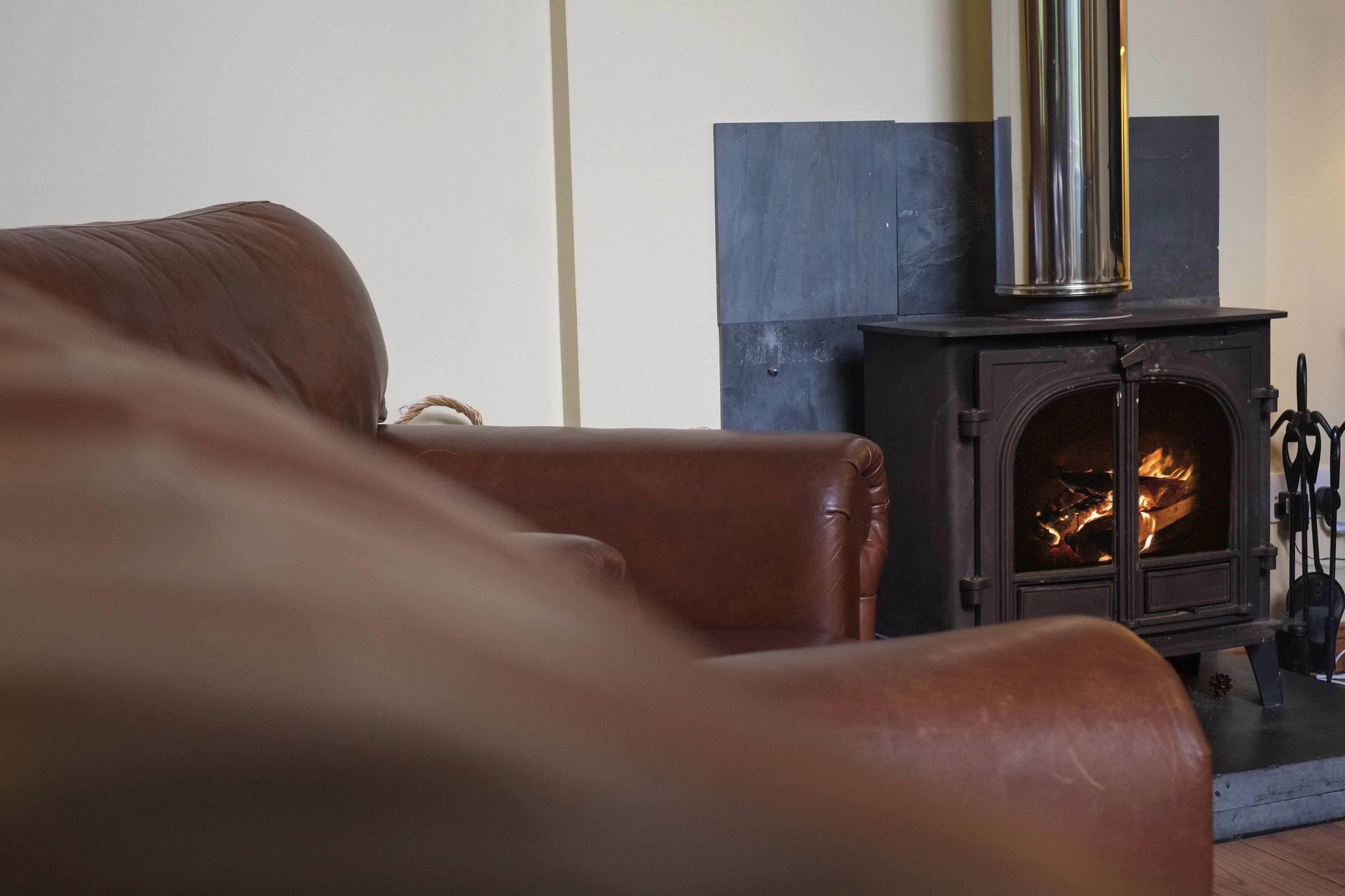 Un salon chaleureux avec un canapé en cuir, une cheminée où l’on peut voir les flammes, et un design moderne agrémenté d’un mur d’accent bleu.