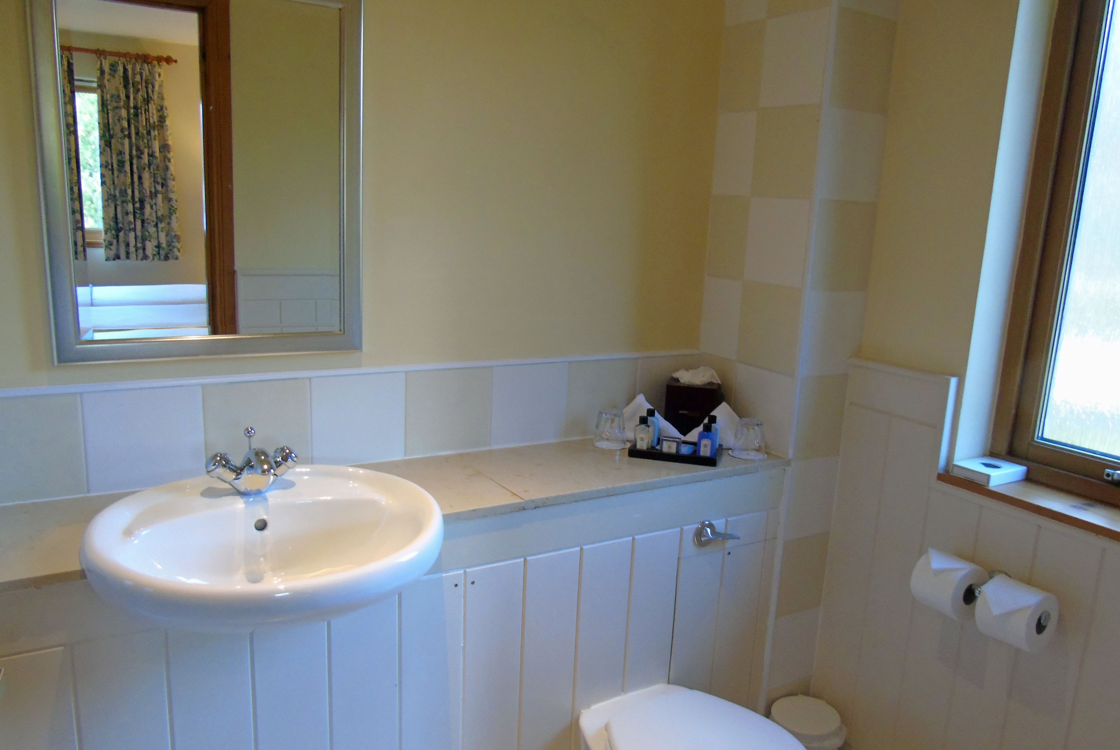 A bathroom with a white sink, mirror, toilet, and a window with a view.