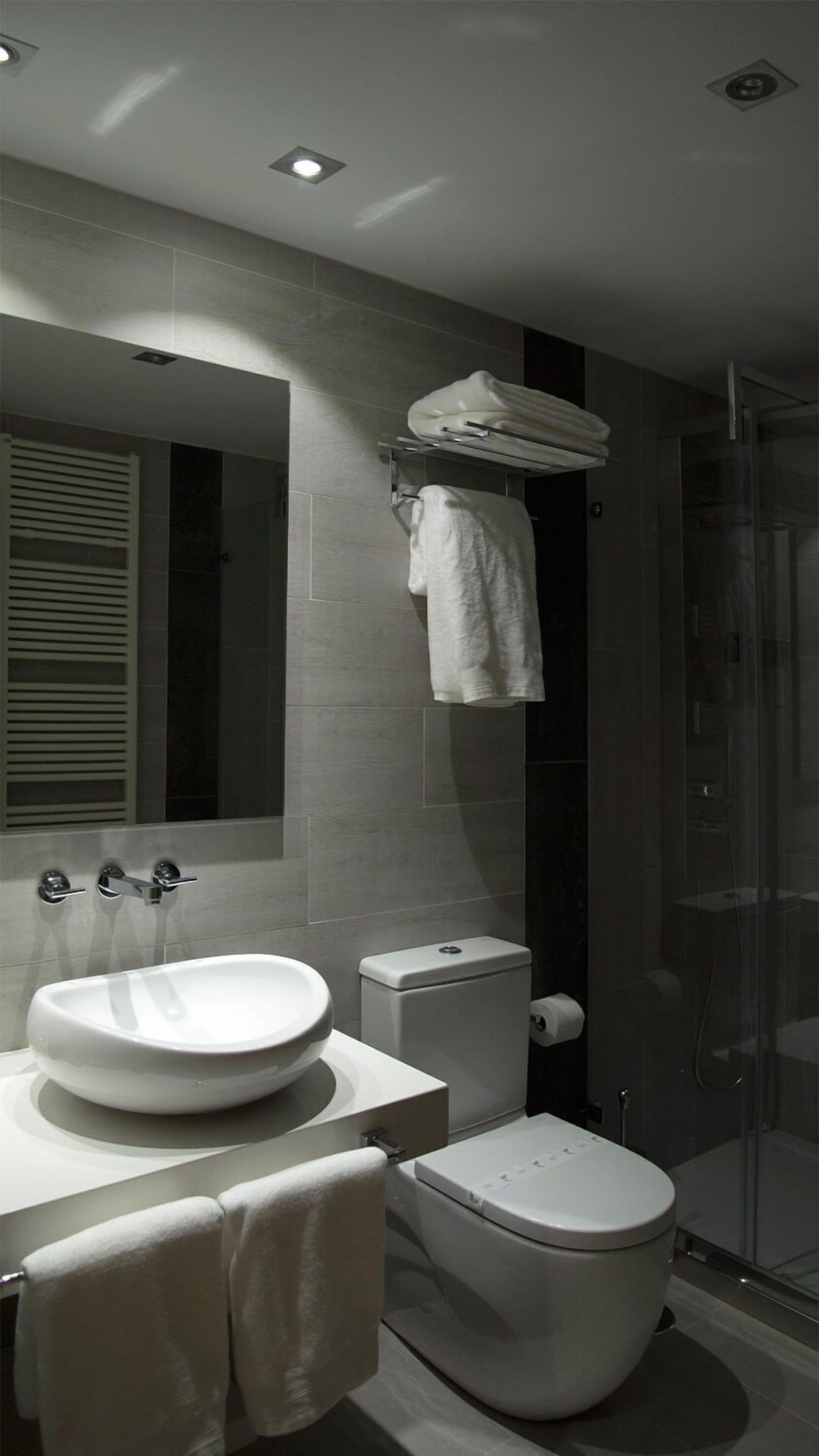 A modern bathroom with a large sink, toilet, and a glass shower enclosure.