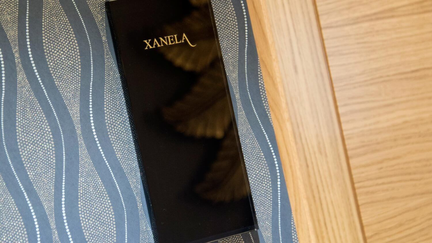 Une boîte noire portant l’inscription « XANELA », posée sur une surface à motifs.