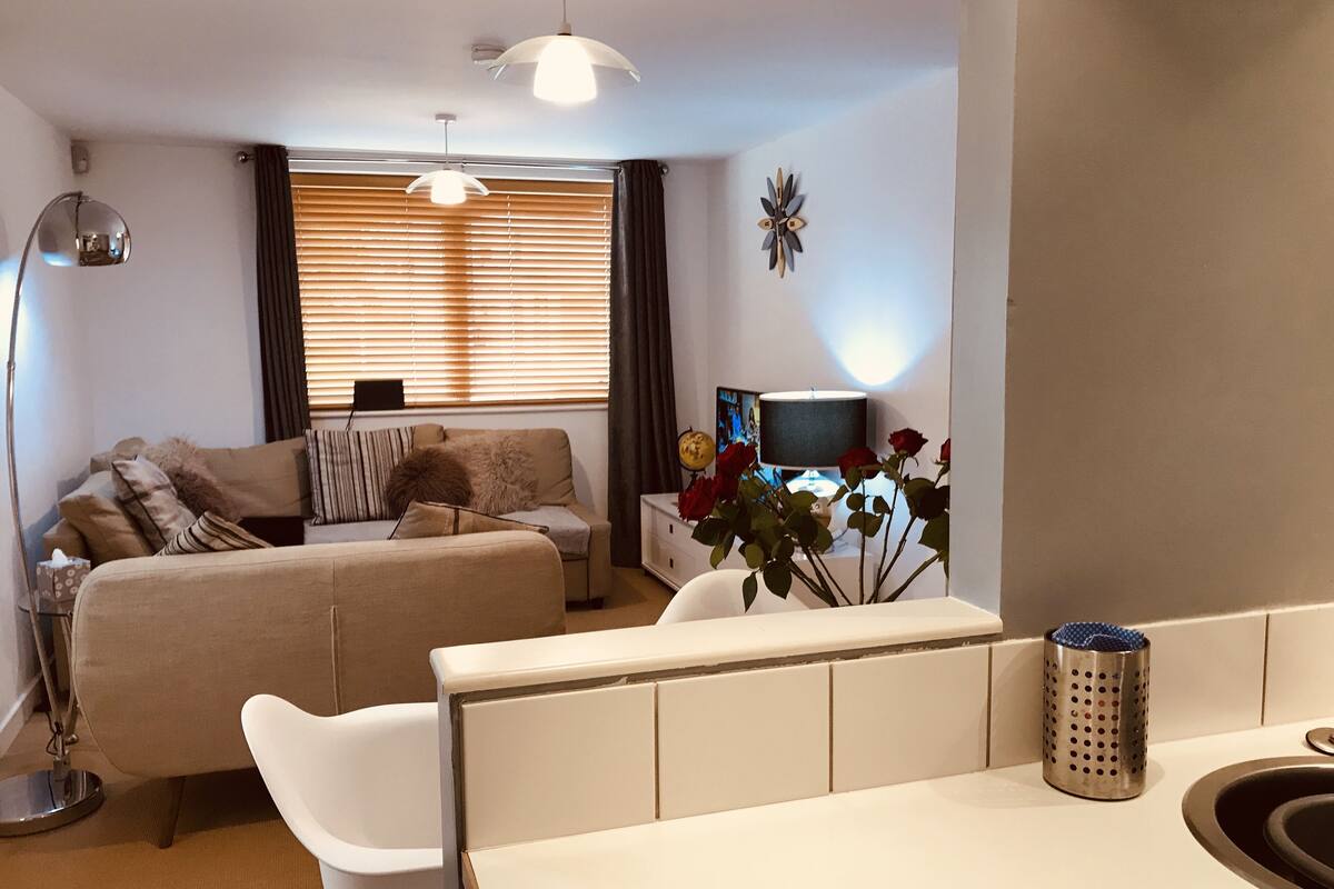 Een moderne woonkamer met een bank, een eettafel, een lamp en een televisie.