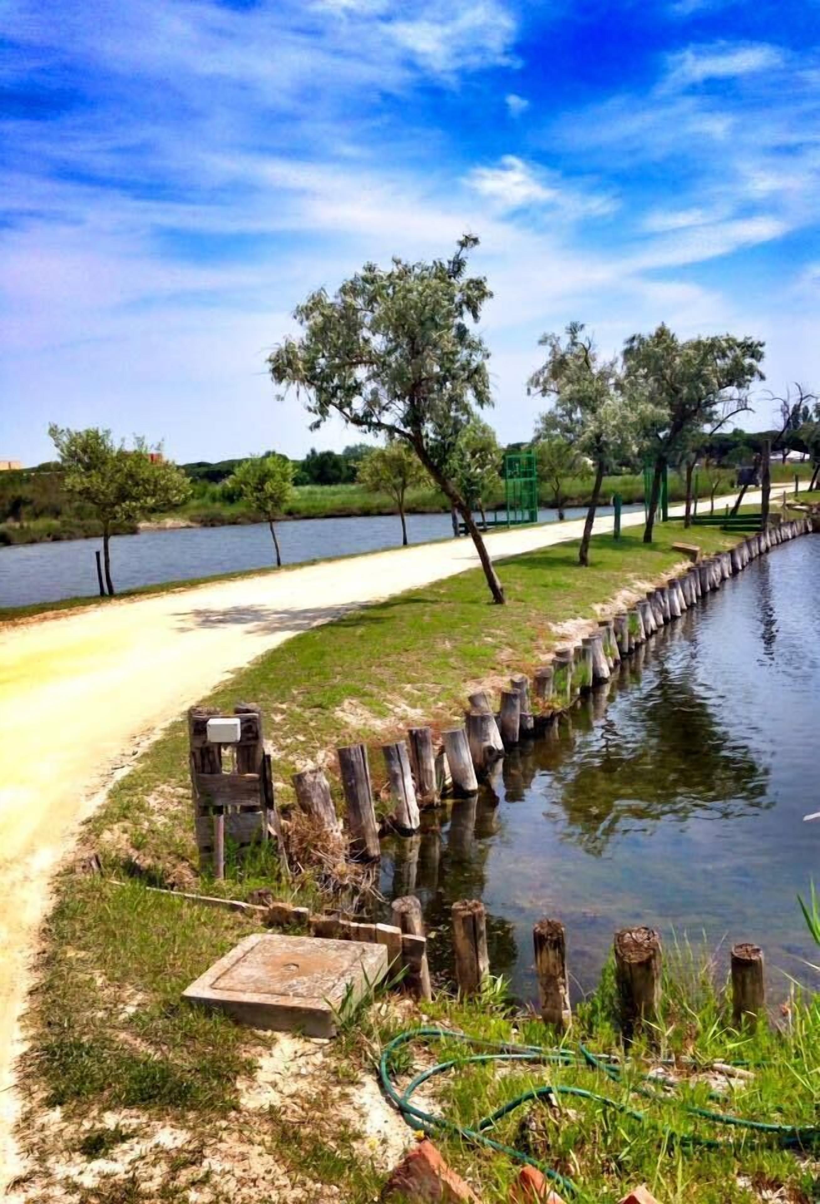 A riverside walkway with wooden posts, a concrete bench, and a metal box on the ground.