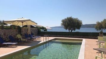 Seasonal outdoor pool, pool umbrellas, sun loungers