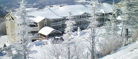 A multi-story building with a snow-covered roof, surrounded by snow-covered trees and a mountainous backdrop.