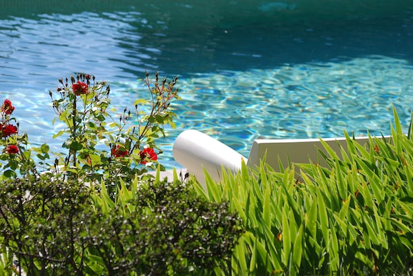 Seasonal outdoor pool, pool umbrellas, pool loungers