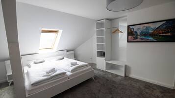 Een moderne slaapkamer met een groot bed, inbouwkasten, een dakraam en een schilderij aan de muur.