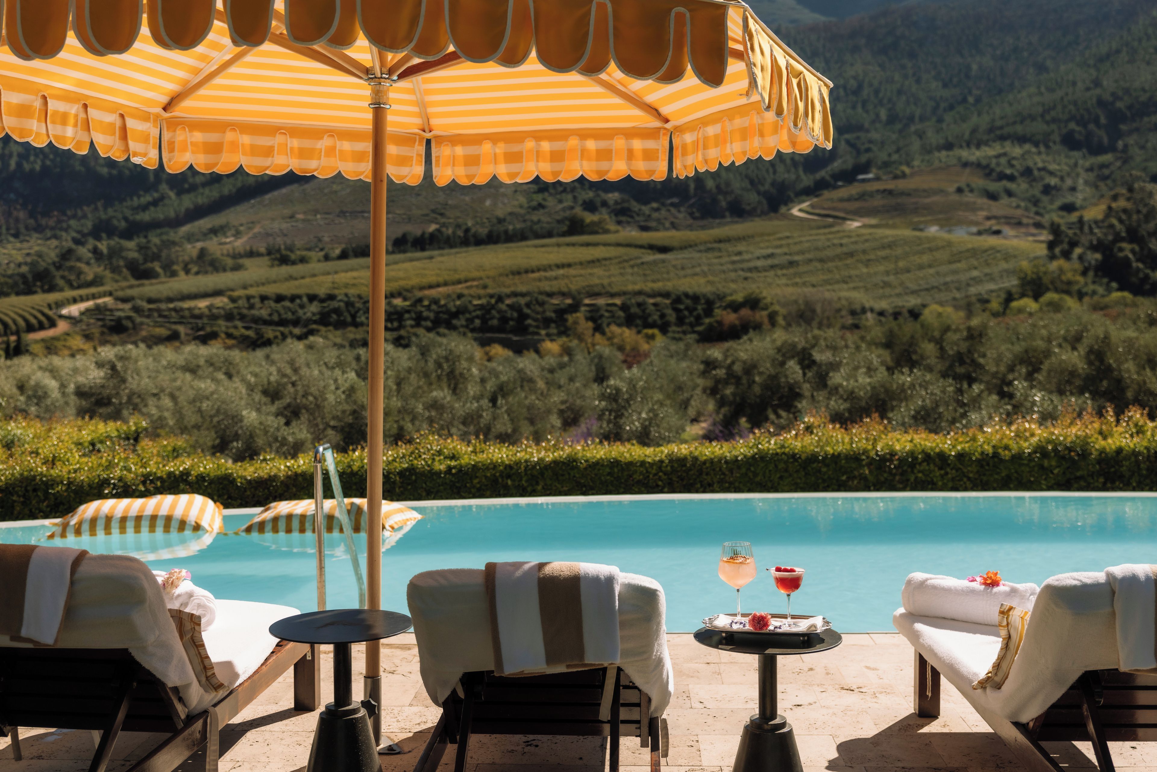 Zona junto a la piscina con sillones de descanso y una sombrilla, con vistas a un paisaje de viñedos.