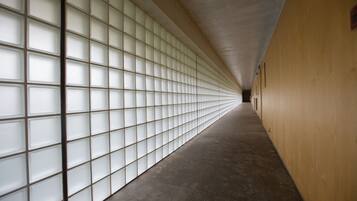 Corridors feature a unique pattern of light and shadow created by translucent panels.