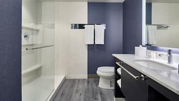 A modern bathroom with a glass shower enclosure, a white toilet, and a vanity with a sink and mirror.