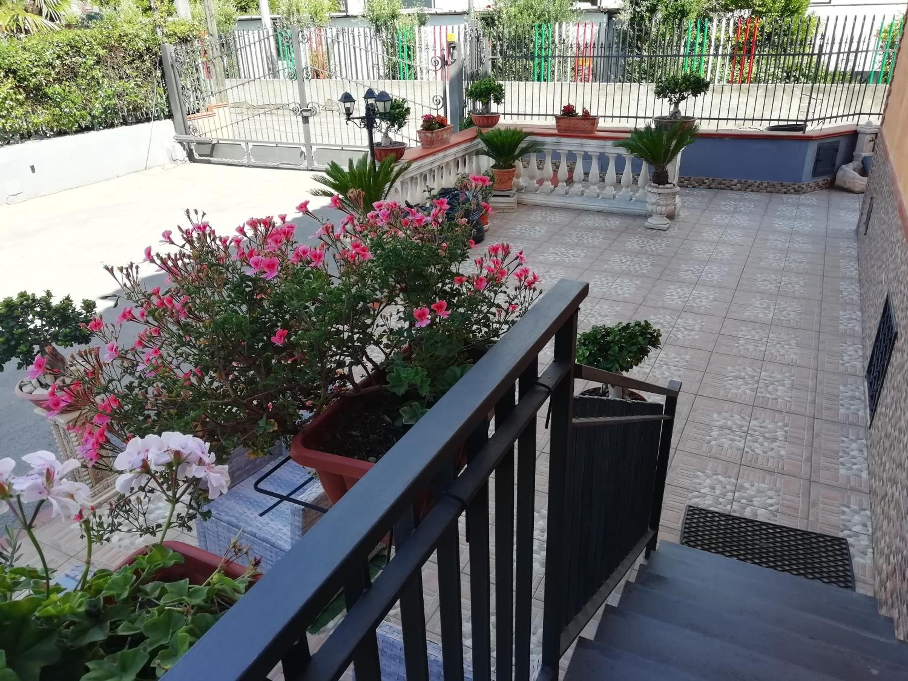 A balcony with potted plants and flowers, a tiled floor, and a metal railing.