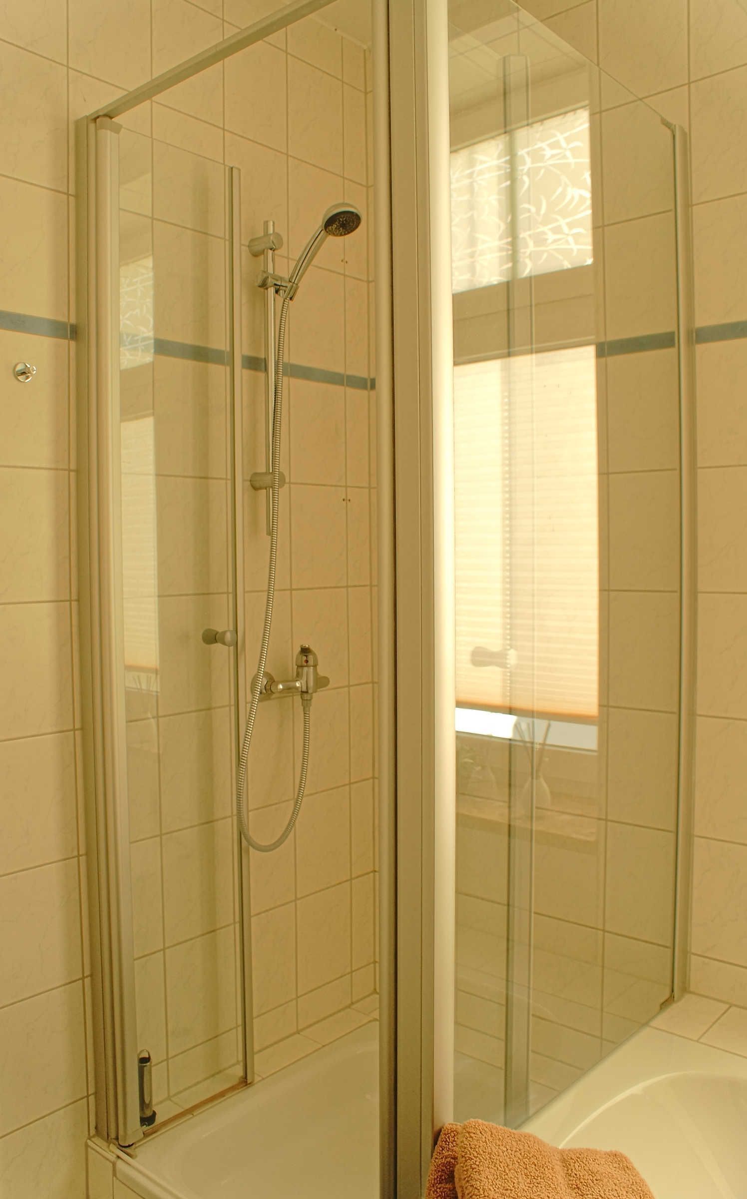 A glass-enclosed shower with a handheld showerhead and a handheld hose.