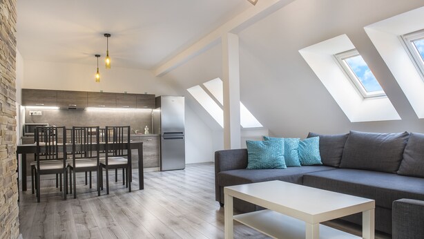 Un appartement moderne de style « loft » comprenant une cuisine, un coin repas et un salon.