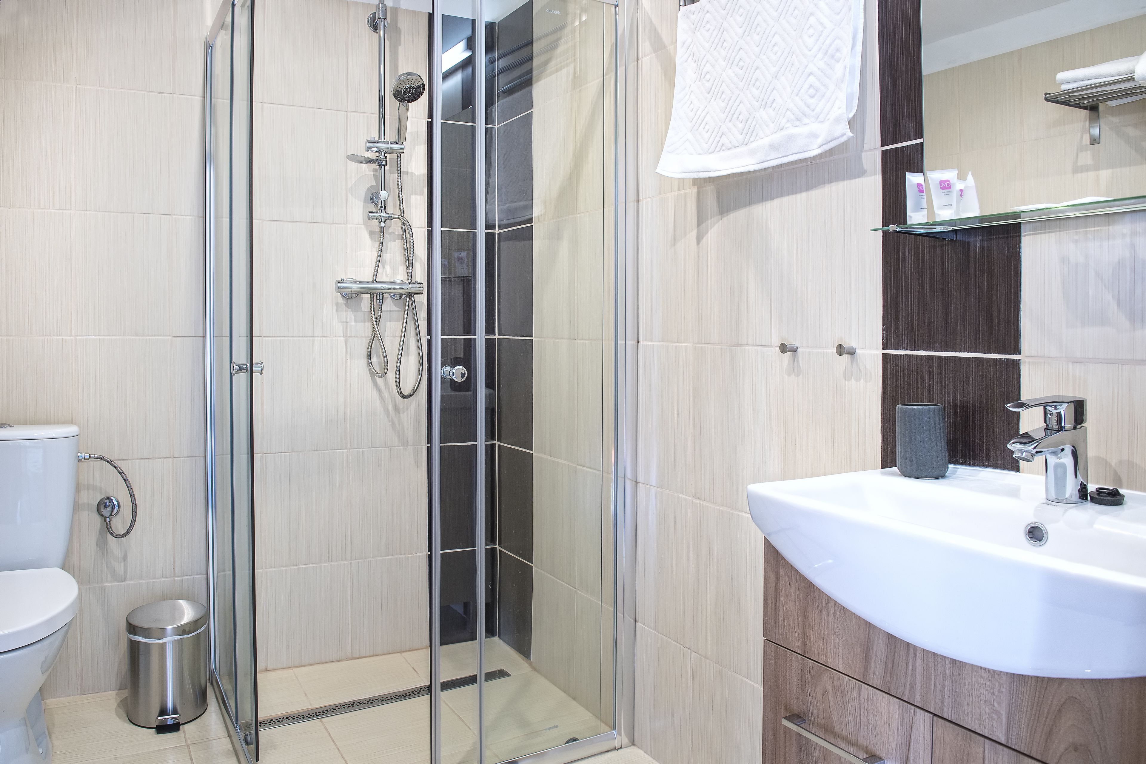 A modern bathroom with a glass-enclosed shower, a white sink, and a mirror above the sink.