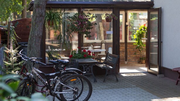 Un espace extérieur abrité, aménagé avec des tables et des chaises, un vélo et des plantes en pot.