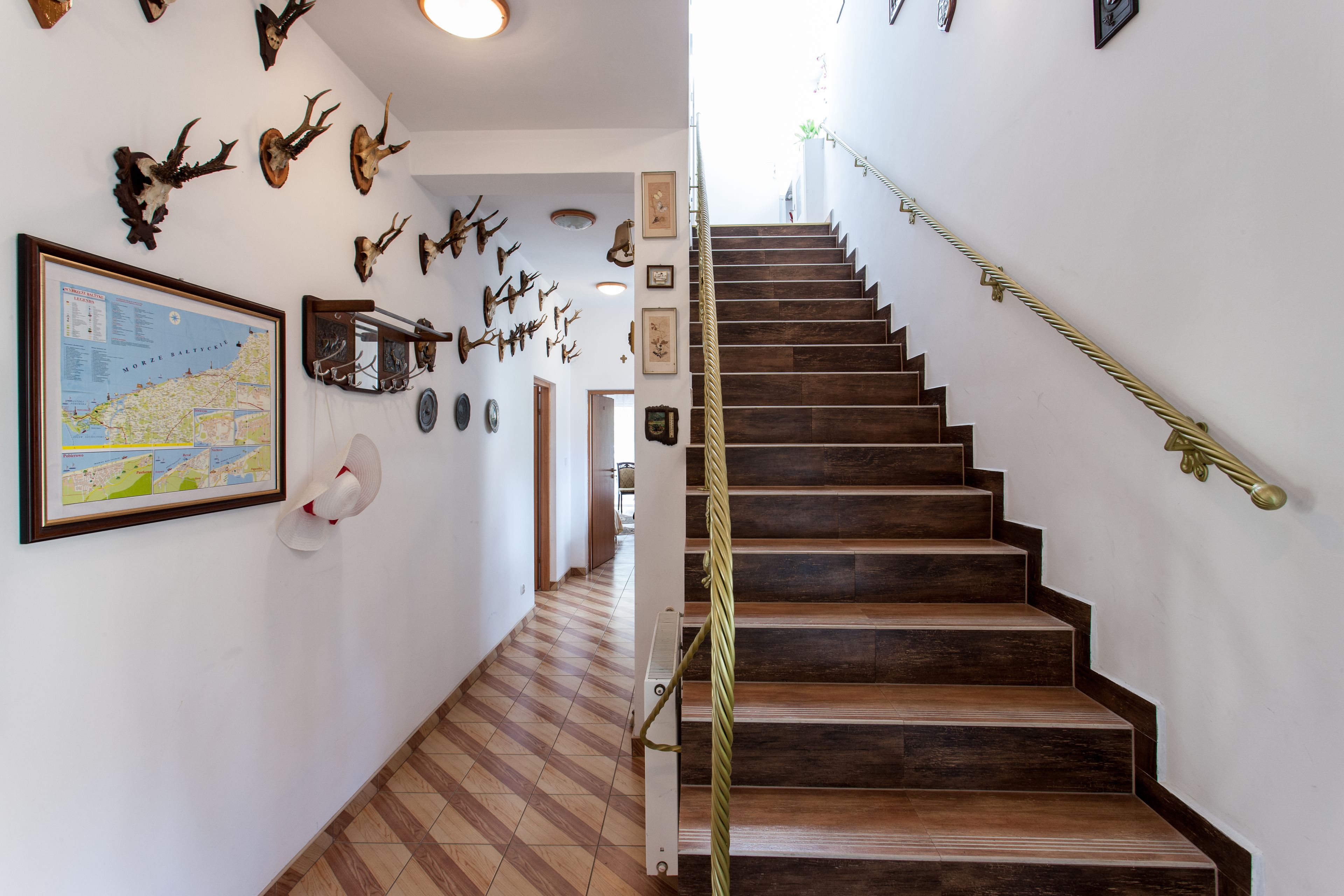 Un escalier avec des marches en bois et une rampe en corde, menant à un palier où l’on trouve une carte et divers objets encadrés accrochés aux murs.