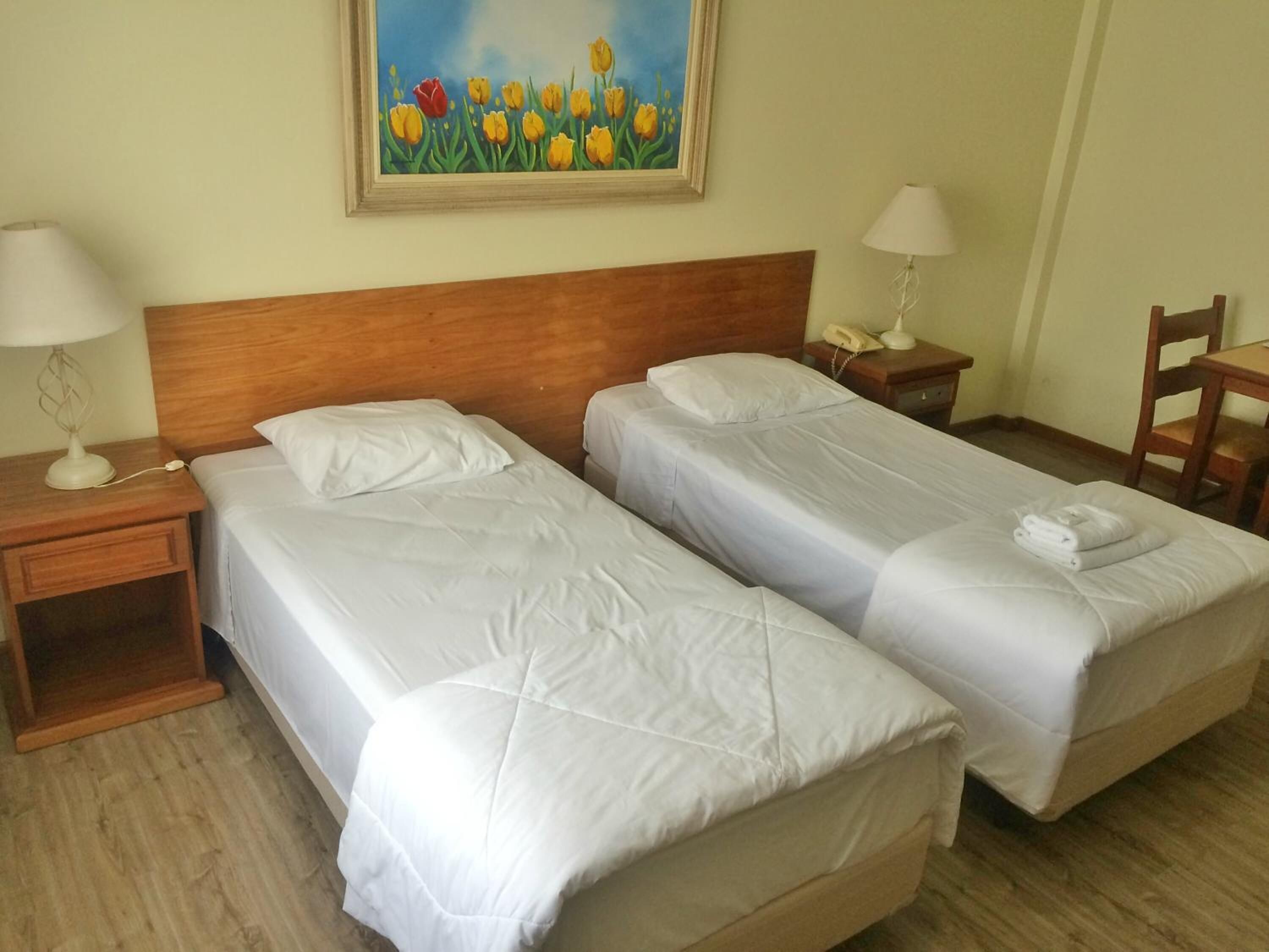 Une chambre d’hôtel avec deux lits simples, des têtes de lit en bois, des tables de chevet avec des lampes, un tableau représentant des fleurs accroché au mur et une chaise en bois.