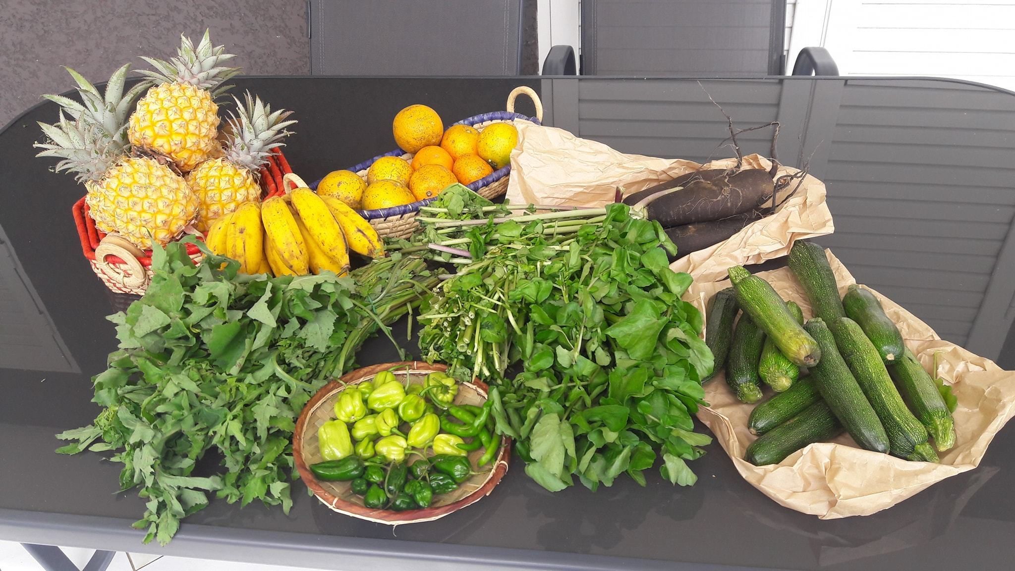 A variety of fresh produce including pineapples, bananas, lemons, leafy greens, and cucumbers displayed on a table.