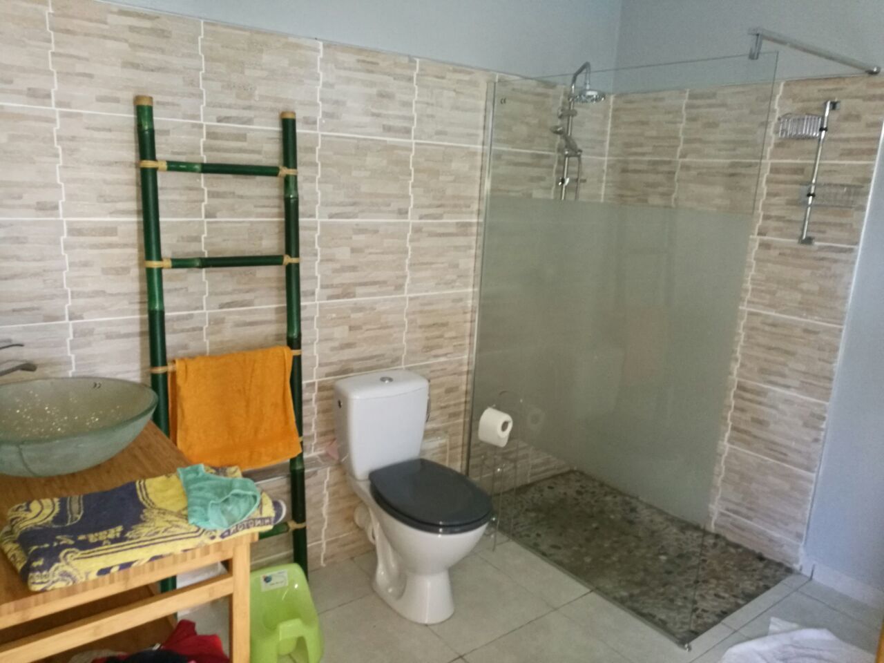 Un baño con inodoro, cabina de ducha de vidrio y lavabo.