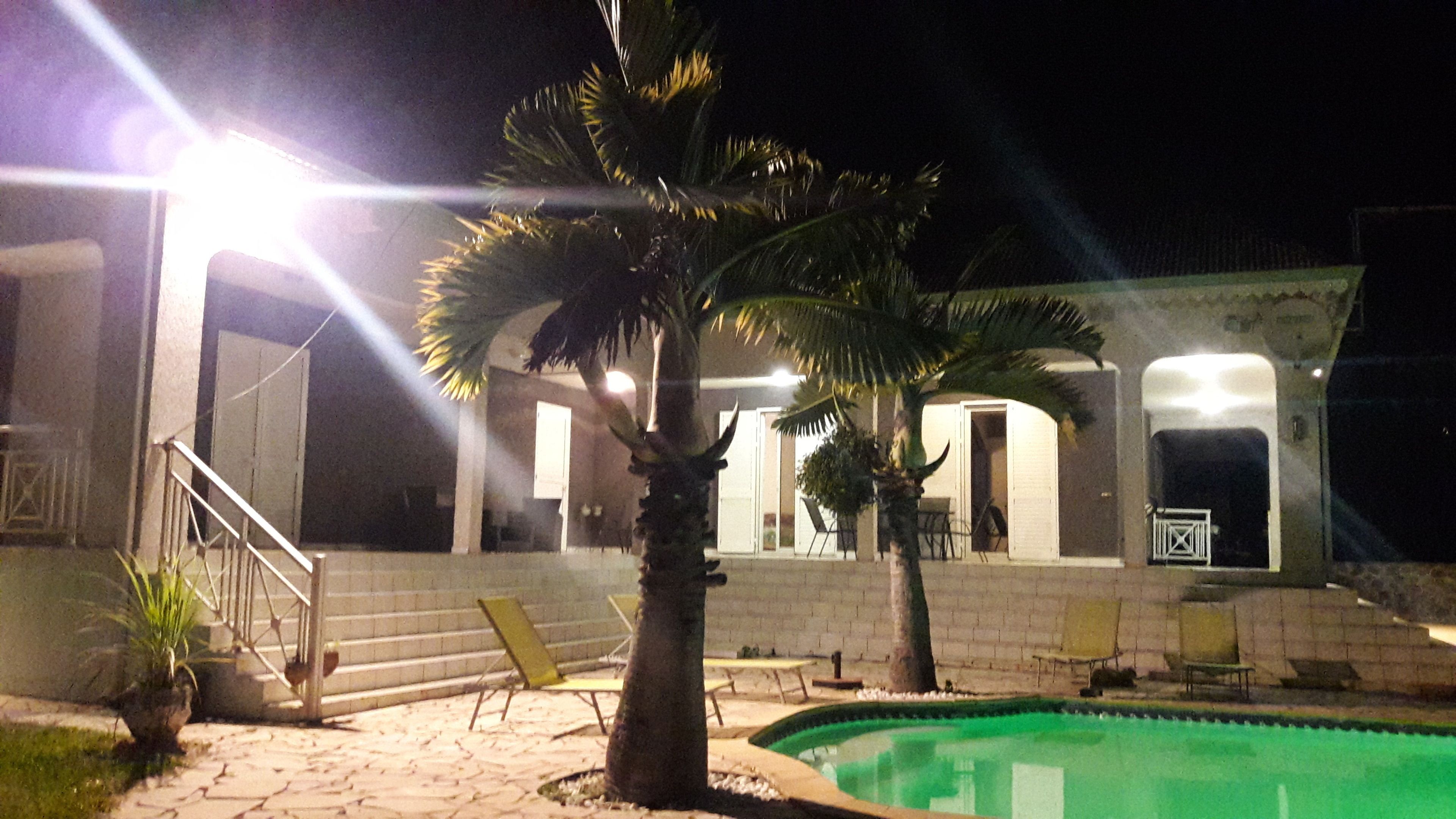Vista nocturna de una zona de piscina con palmeras, una escalera y un edificio con múltiples puertas y ventanas.