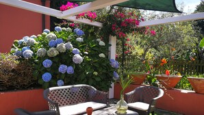 Patio esterno con pergola bianca, tavolo e sedie, e piante in vaso.