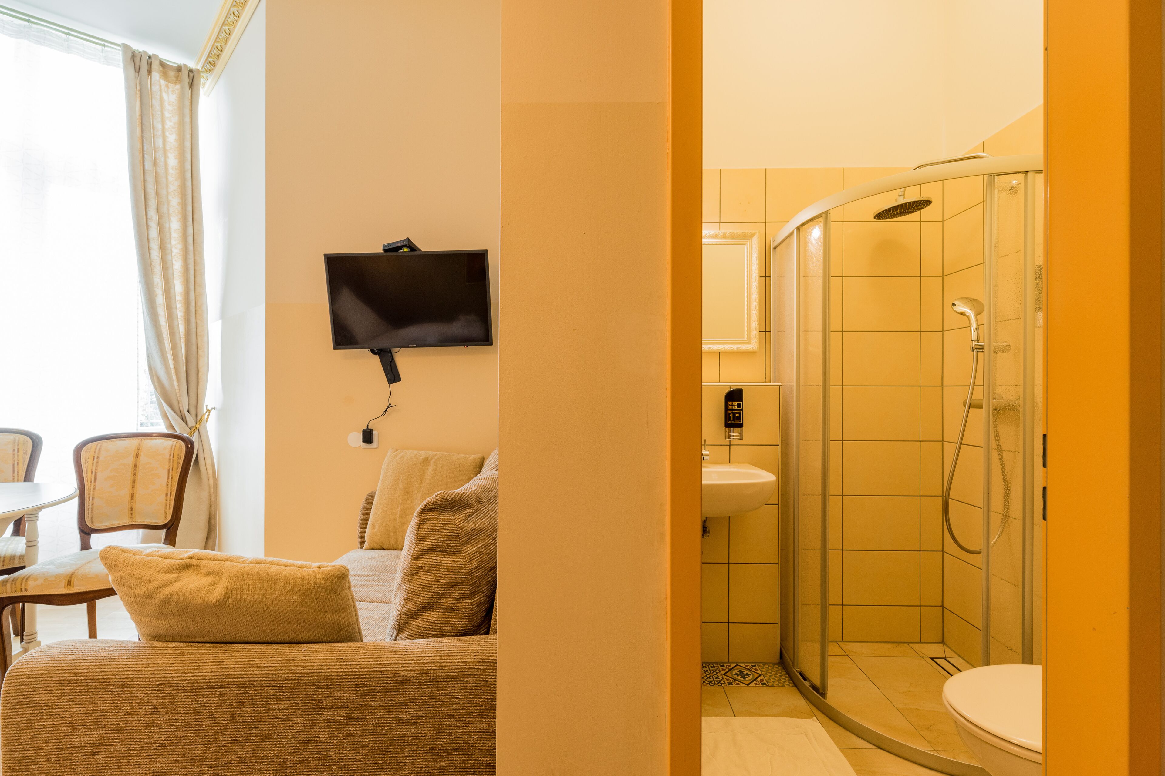 A hotel room with a sofa, a TV mounted on the wall, a shower area with a glass door, and a sink.