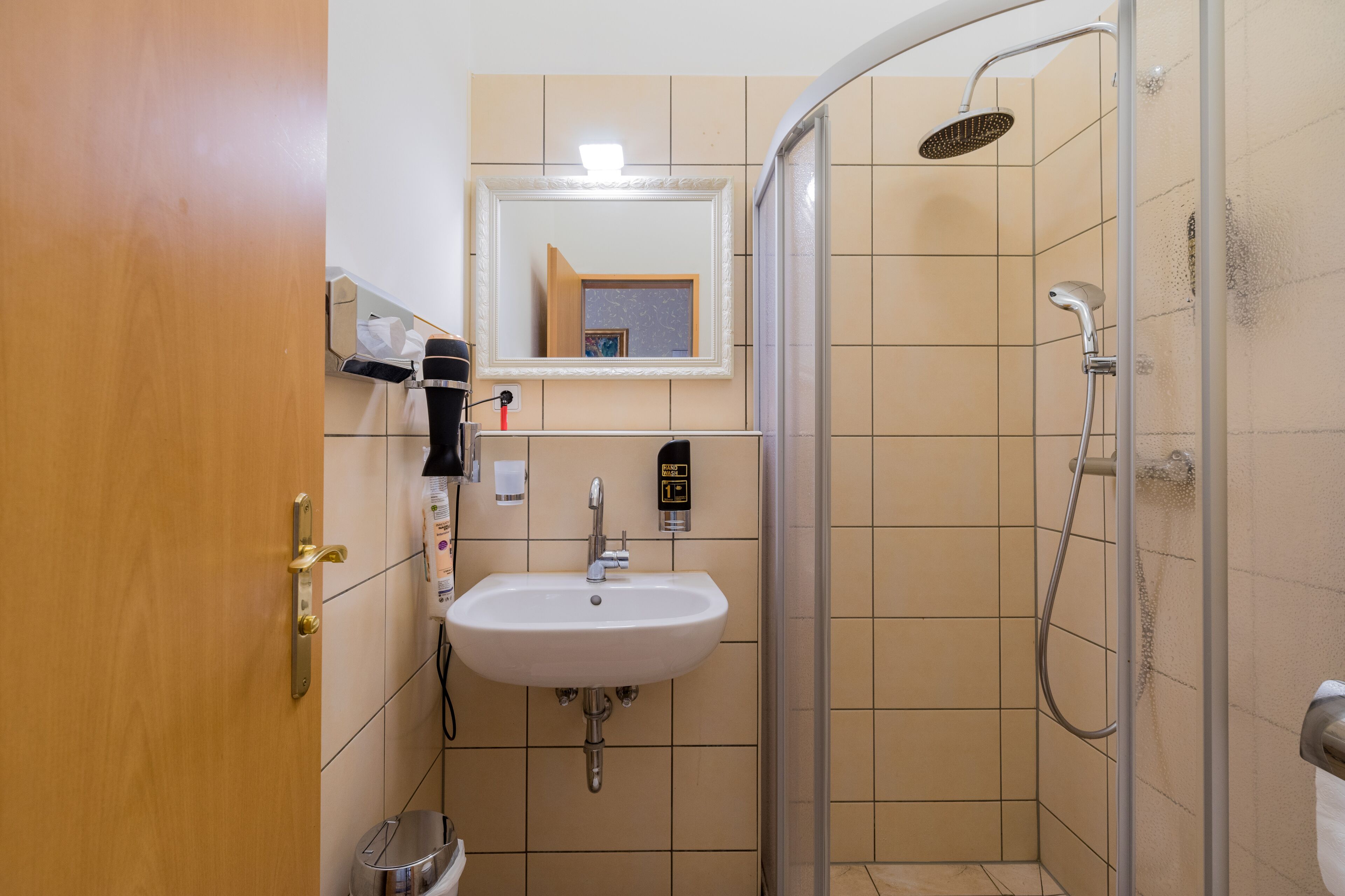 A bathroom with a sink, mirror, shower, and a door.
