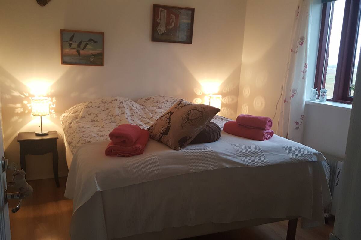 Una cama bien hecha con una colcha blanca y almohadillas florales, dos lámparas de noche y un cuadro en la pared.
